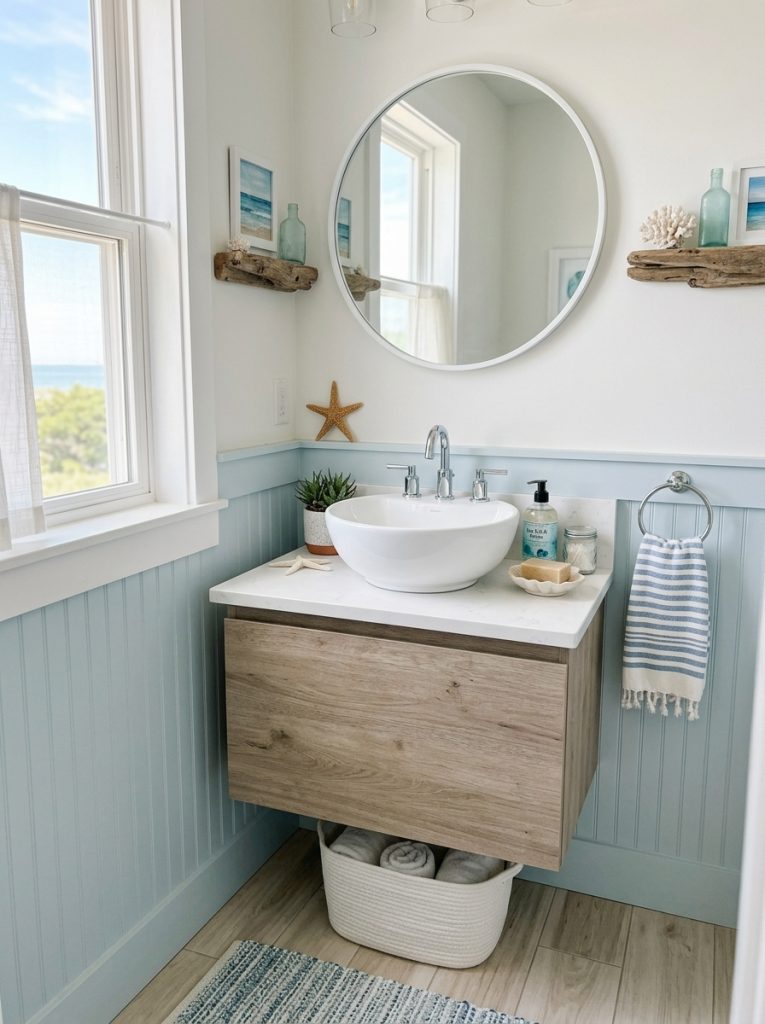 Modern coastal half bathroom with white blue walls chrome fixtures coastal accessories and round mirror