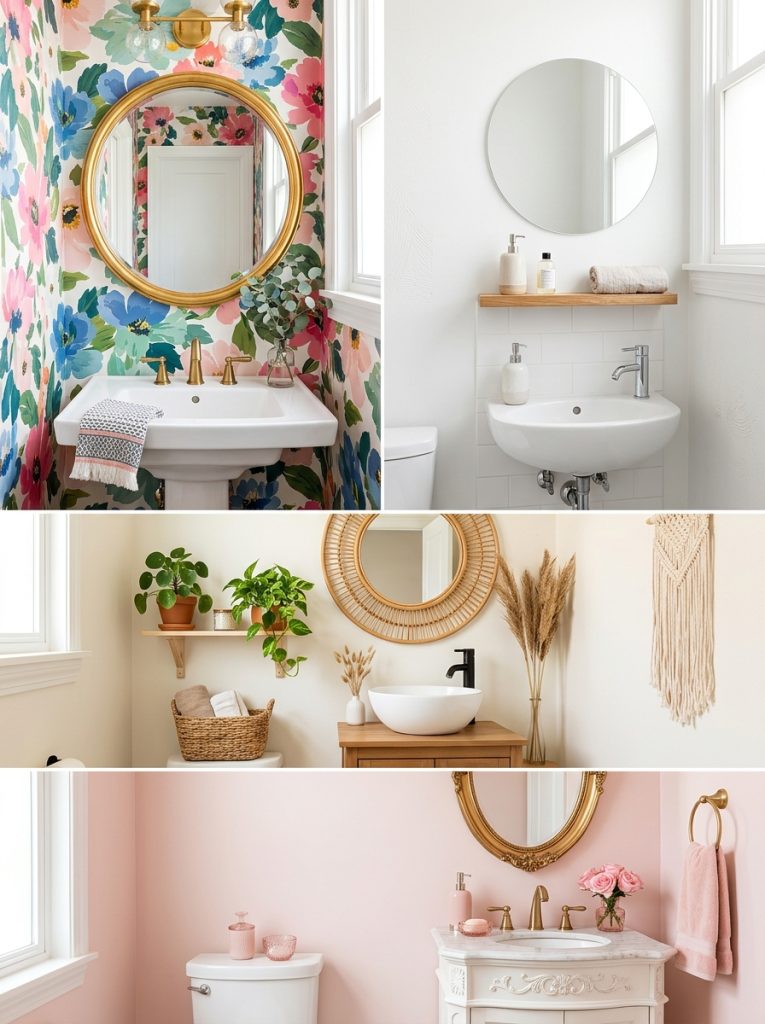 Collage of four beautiful small half bathroom decor ideas in different styles