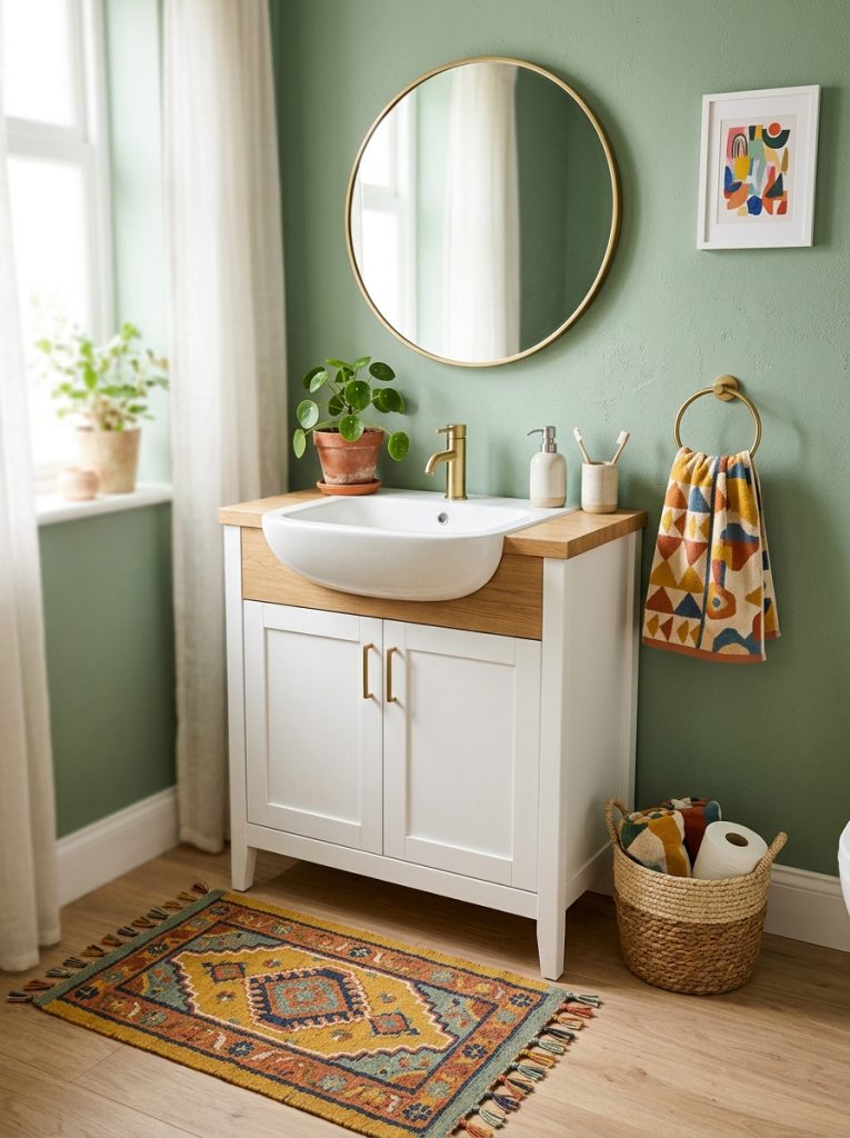  Colorful bathroom decor with sage green walls patterned towels and plant