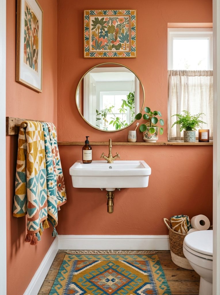 Colorful half bathroom with terracotta walls patterned towels bright rug and botanical print