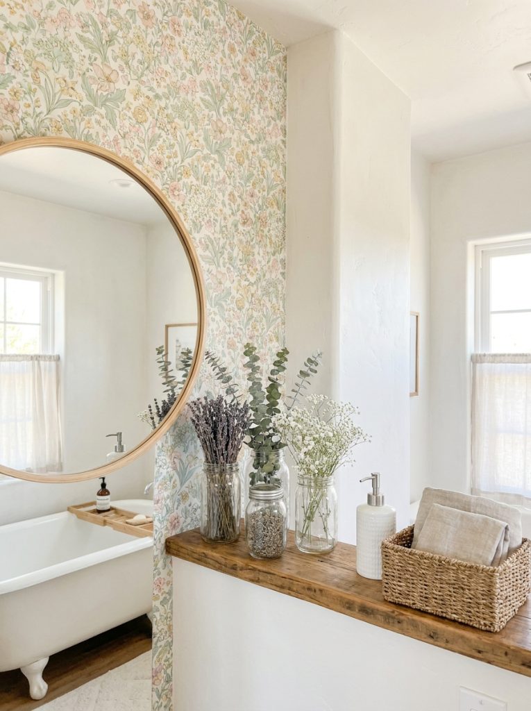 Cottagecore bathroom aesthetic with white walls floral wallpaper wooden mirror dried flowers narrow shelf and woven basket