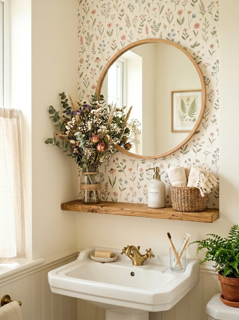 Cottagecore small bathroom aesthetic with white walls floral wallpaper wood mirror dried flowers narrow shelf and woven basket