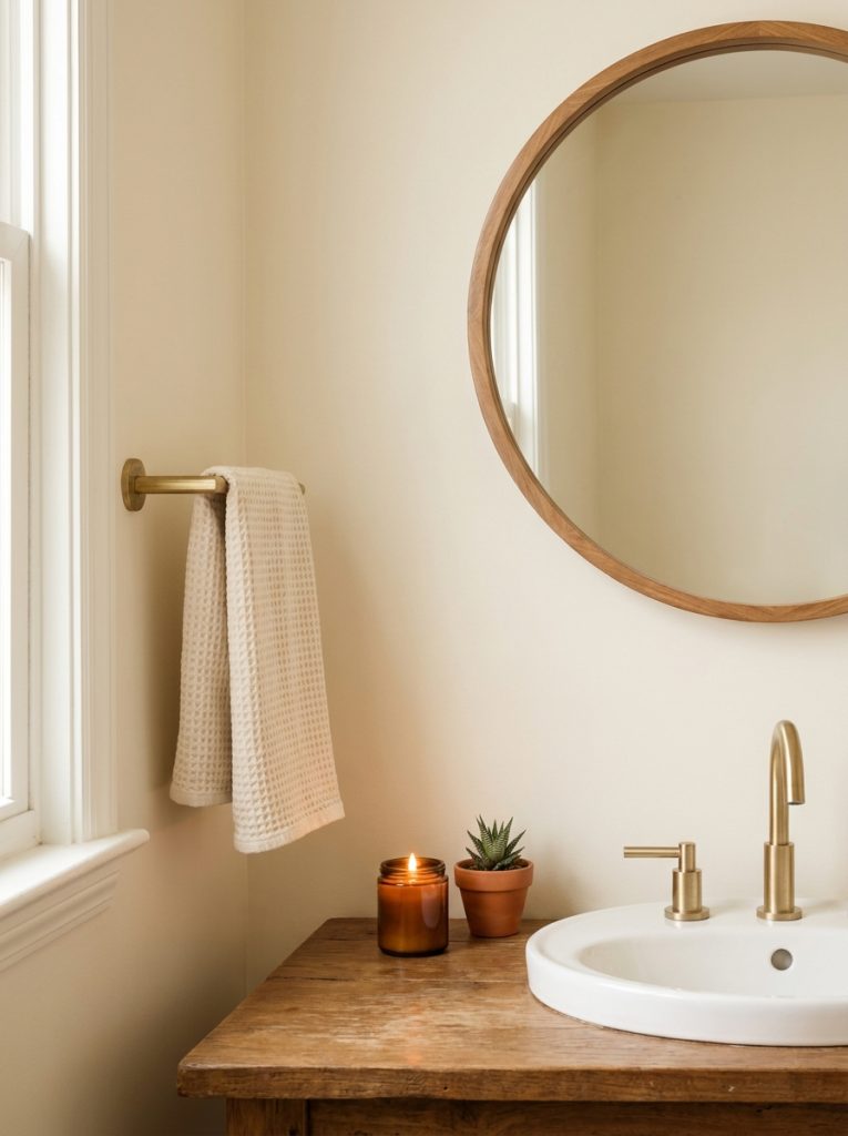 Cozy simple bathroom aesthetic with cream walls round mirror gold faucet small candle tiny plant and cream hand towel