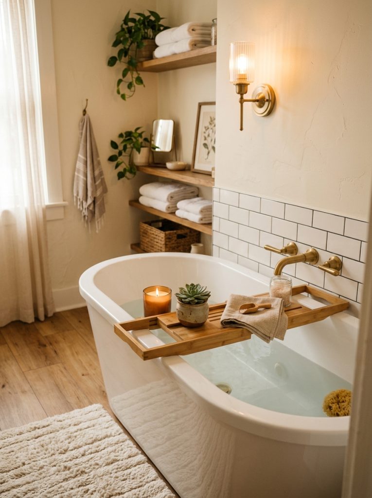 Cozy bathroom aesthetic with bamboo bath tray candle succulent amber lighting and plush bath mat