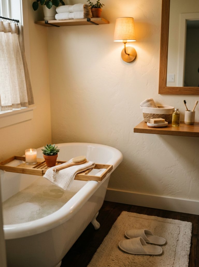 Cozy bathroom aesthetic with bamboo bath tray candle succulent amber lighting plush mat and wooden accessories
