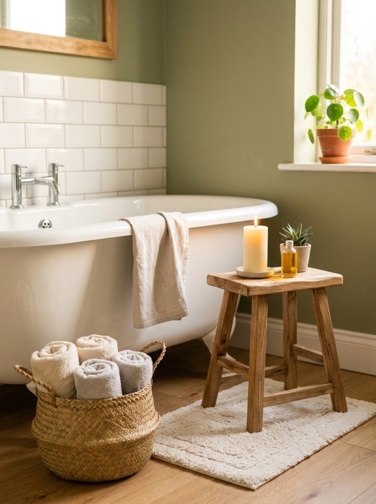 Cozy bathroom decor with candles wooden stool and woven basket