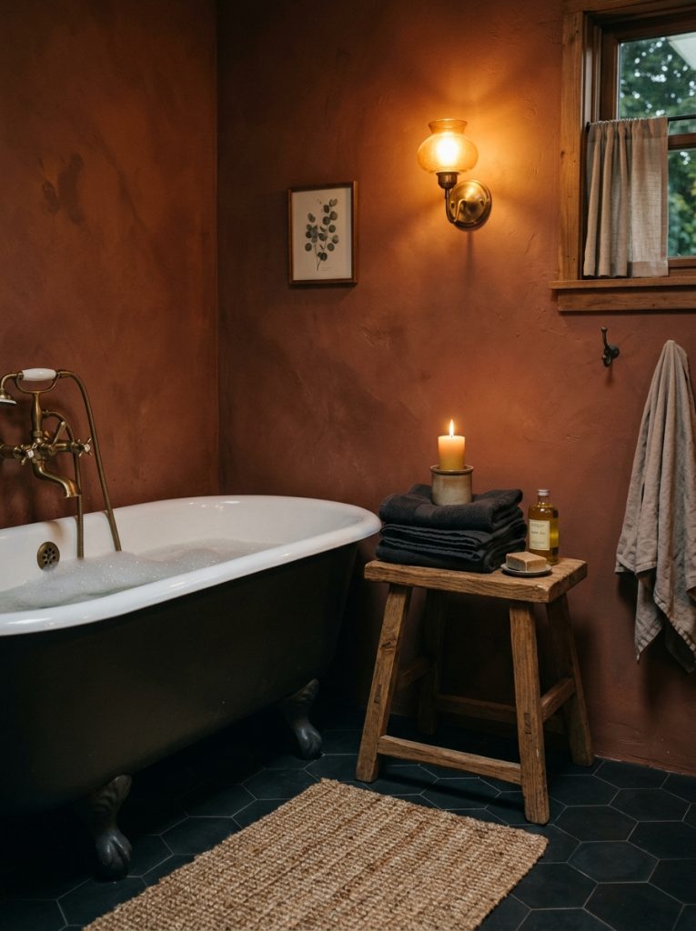 Cozy moody bathroom with terracotta walls candle wooden stool and warm lighting