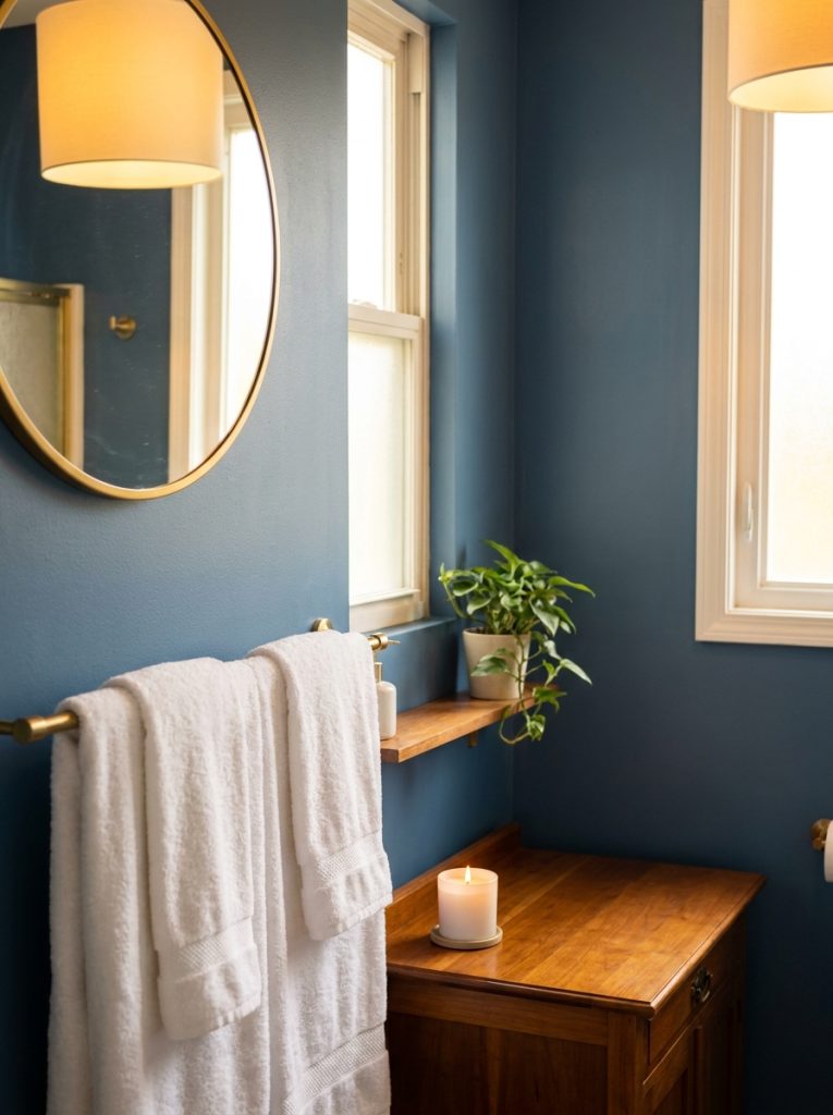 Cozy blue bathroom aesthetic with dusty blue walls amber lighting gold mirror white towels candle and wooden shelf with plant