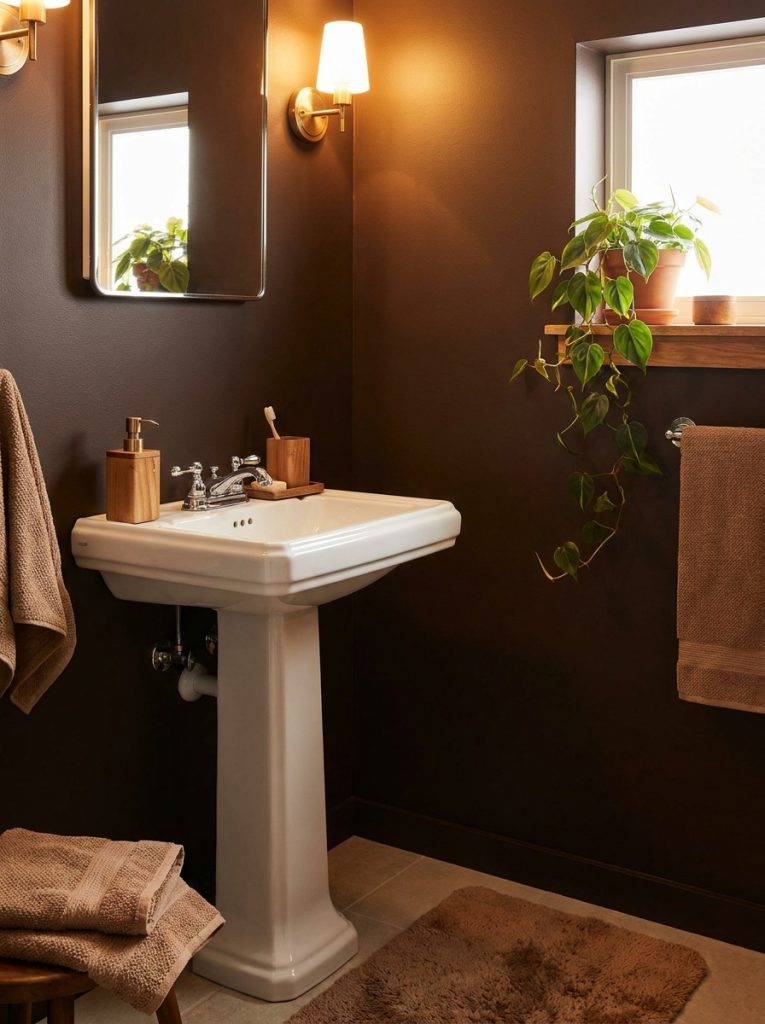 Cozy brown bathroom aesthetic with chocolate brown walls white sink brown wood accessories amber lighting and trailing plant