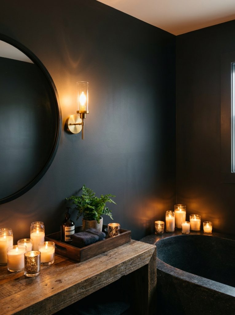 Cozy dark bathroom aesthetic with charcoal walls multiple candles black mirror amber lighting and dark wood accessories