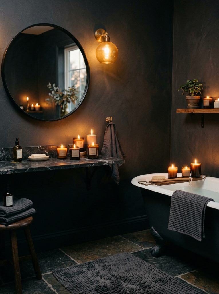 Cozy dark bathroom aesthetic with charcoal walls multiple dark candles black mirror amber sconce lighting and dark bath mat