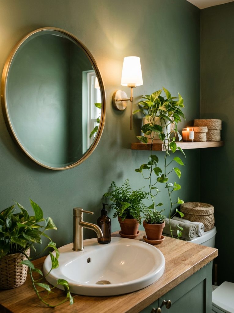 Cozy green bathroom aesthetic with sage walls brass mirror lush plant decor trailing pothos candle and brass faucet