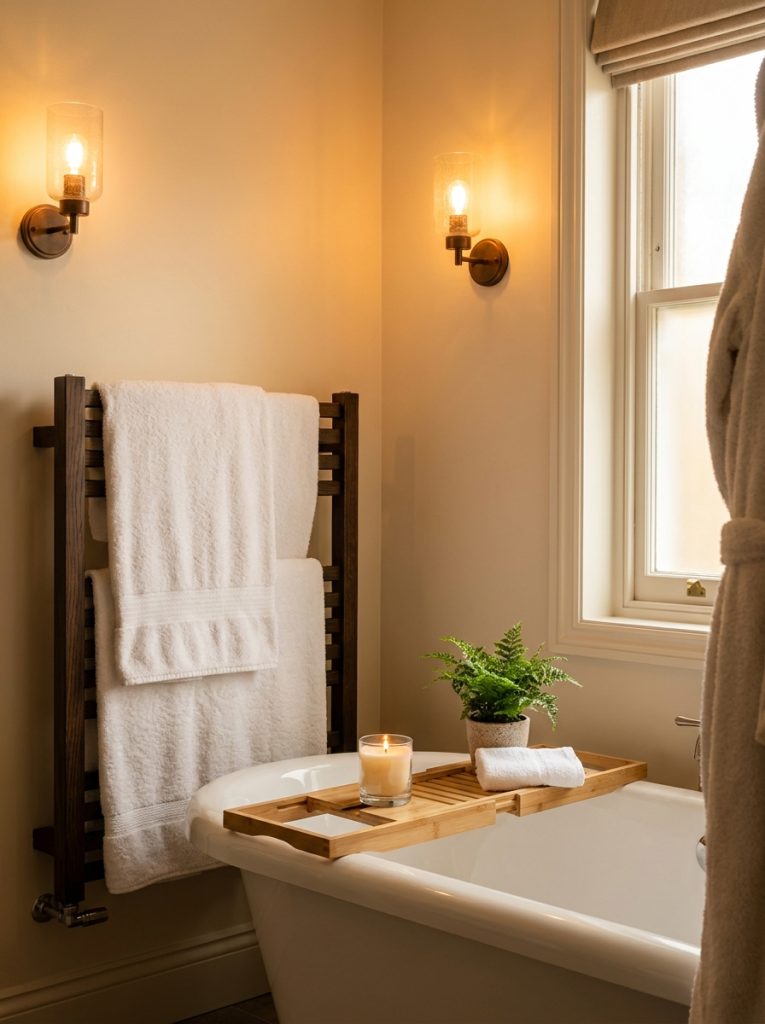 Cozy hotel bathroom with ivory walls amber sconces bamboo tray candle plant white towels and wood towel rail