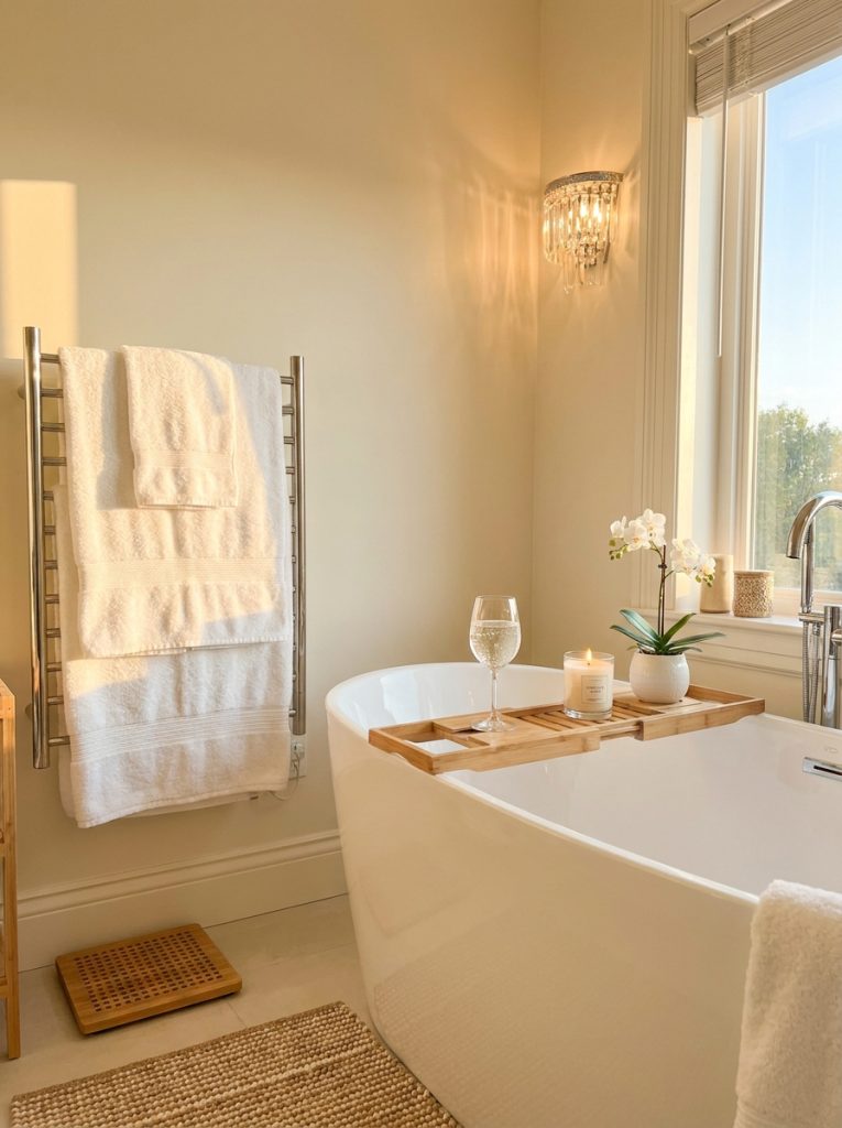 Cozy luxury bathroom aesthetic with ivory walls bamboo tray freestanding tub candle orchid plush towels and golden lighting