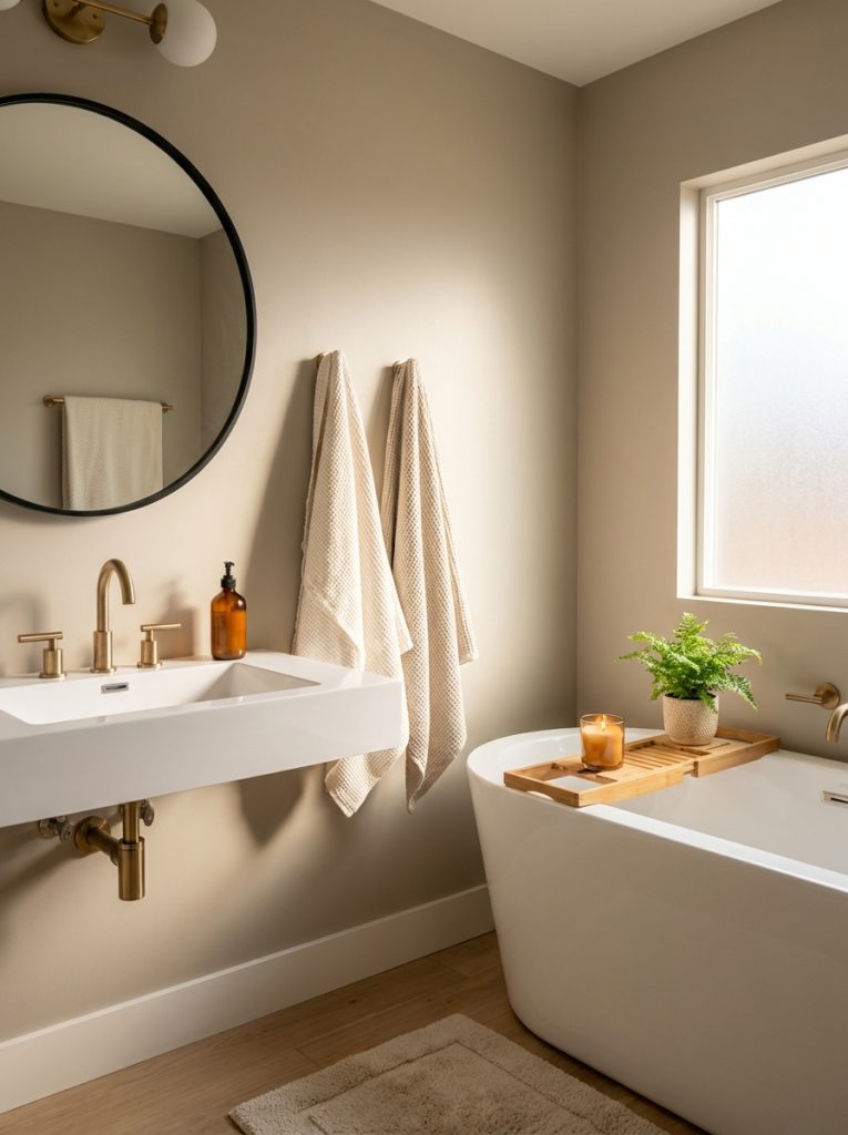 Cozy modern bathroom aesthetic with greige walls black mirror brass faucet bamboo bath tray candle and plant