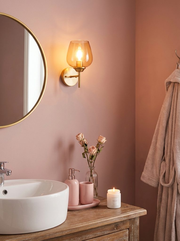Cozy pink bathroom aesthetic with dusty rose walls amber lighting gold mirror pink accessories candle and dried rose stems