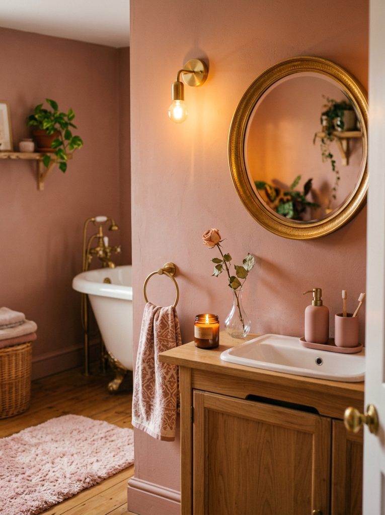 Cozy pink bathroom aesthetic with dusty rose walls amber lighting gold mirror pink accessories candle dried rose and blush bath mat