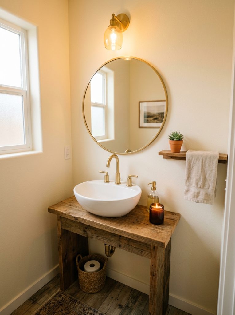Cozy small bathroom aesthetic with cream walls gold faucet dark candle narrow shelf plant towel and amber lighting