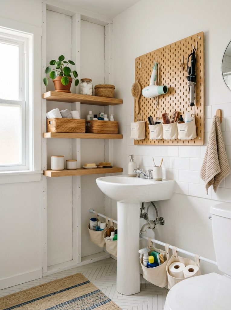 Space saving DIY small bathroom storage with floating wooden shelves baskets pegboard hooks hair tools and tension rod under sink
