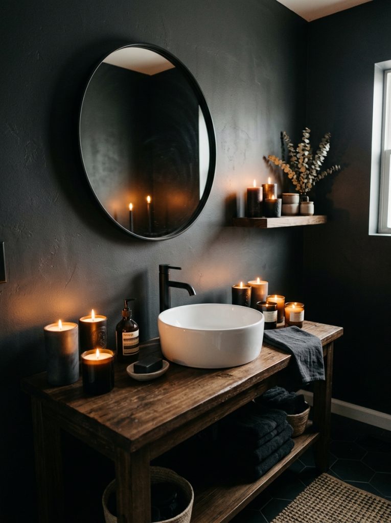 Dark bathroom aesthetic with charcoal walls black mirror white sink dark candles and moody dramatic lighting