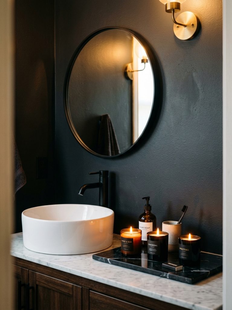 Dark bathroom aesthetic with charcoal walls black mirror candles black marble tray and warm amber lighting