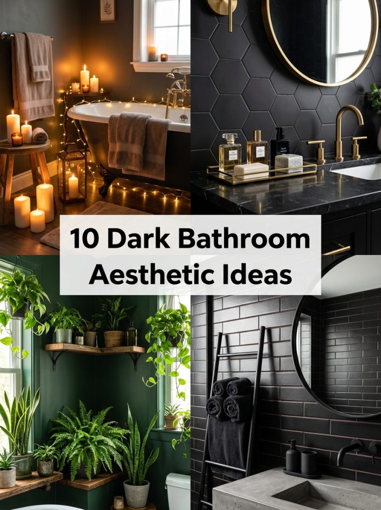 Collage of four dark bathroom aesthetic ideas with text overlay showing ten dark bathroom aesthetic ideas