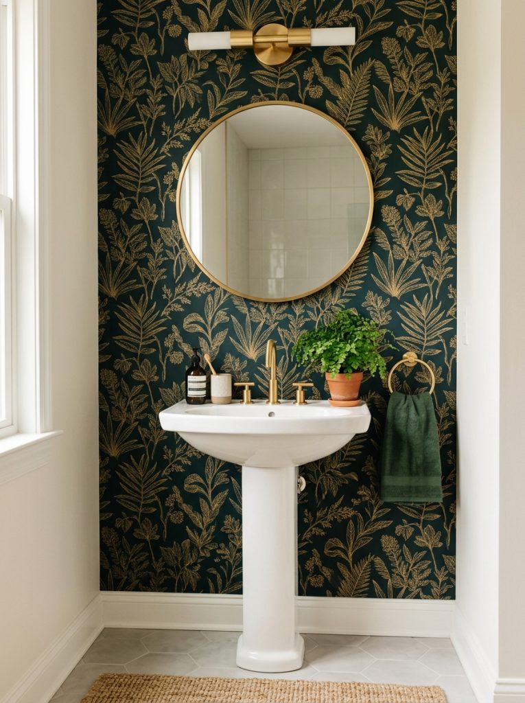 Wallpaper dark bathroom aesthetic with dark botanical wallpaper navy green gold prints white sink round mirror and brass faucet