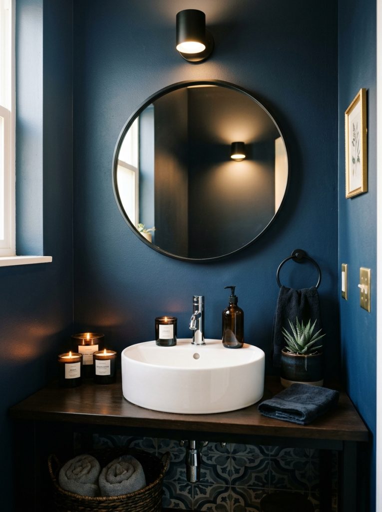 Dark small bathroom aesthetic with charcoal walls black mirror white sink dark candles and moody cozy atmosphere