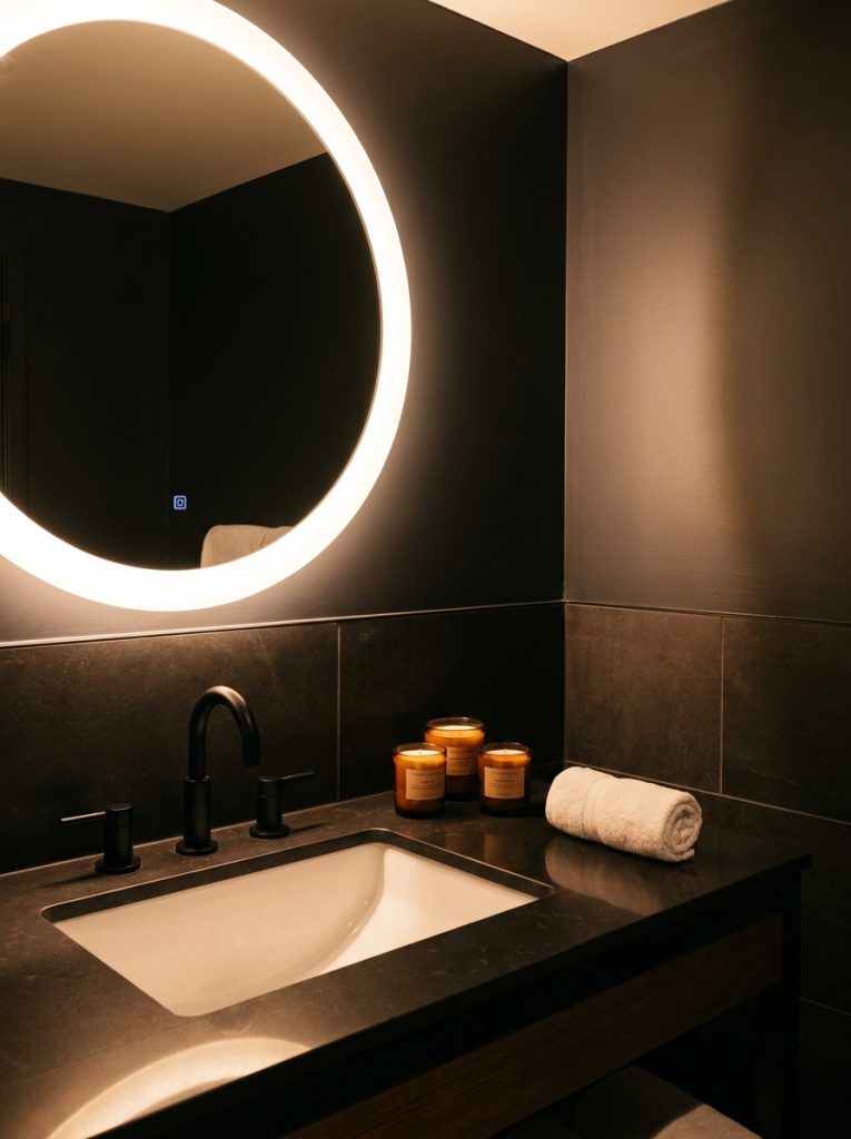 Dark hotel bathroom with navy walls illuminated mirror white sink dark candles white towel and matte black fixtures