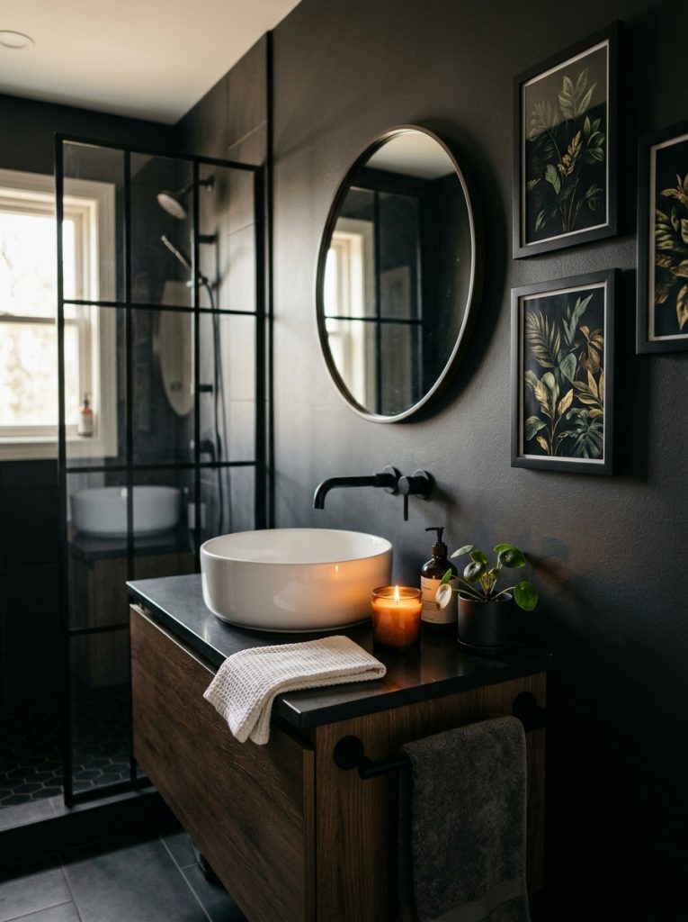 Dark moody bathroom with charcoal walls black fixtures and framed wall art