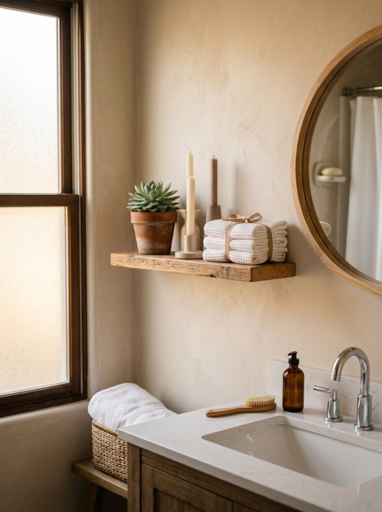 Cozy elegant bathroom decor with candles towels and green plant