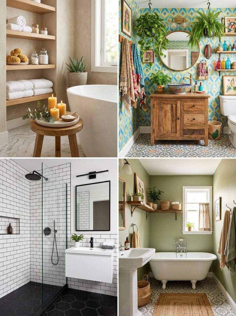 Collage of four beautiful bathroom decor style ideas for every home