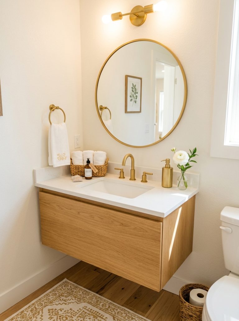 Guest half bathroom with white walls gold mirror welcome basket soap dispenser and white flower
