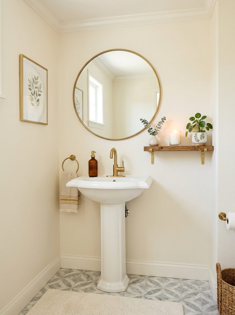 Half bathroom decor with pedestal sink gold faucet round mirror and wall shelf