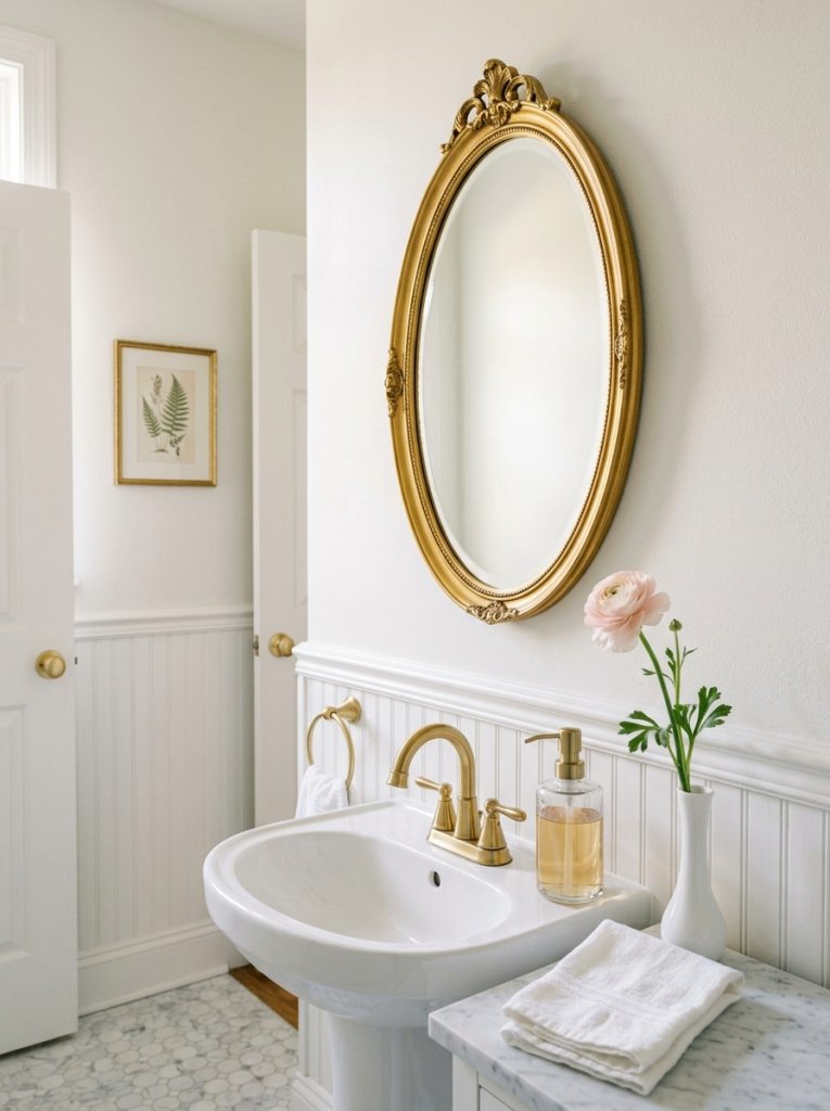 Elegant guest half bathroom with white wainscoting gold oval mirror botanical print gold dispenser and flower