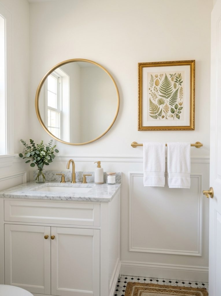  Elegant half bathroom with white wainscoting gold mirror luxury framed botanical wall art and towels