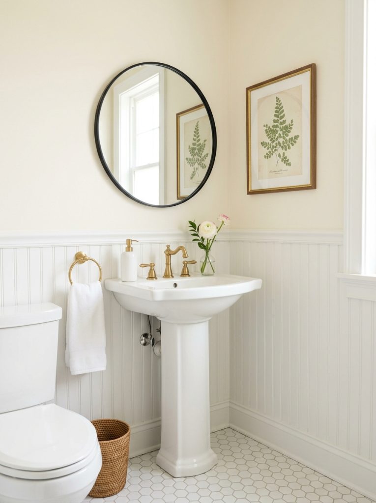 Small elegant half bathroom with ivory walls wainscoting black mirror botanical wall art and flower