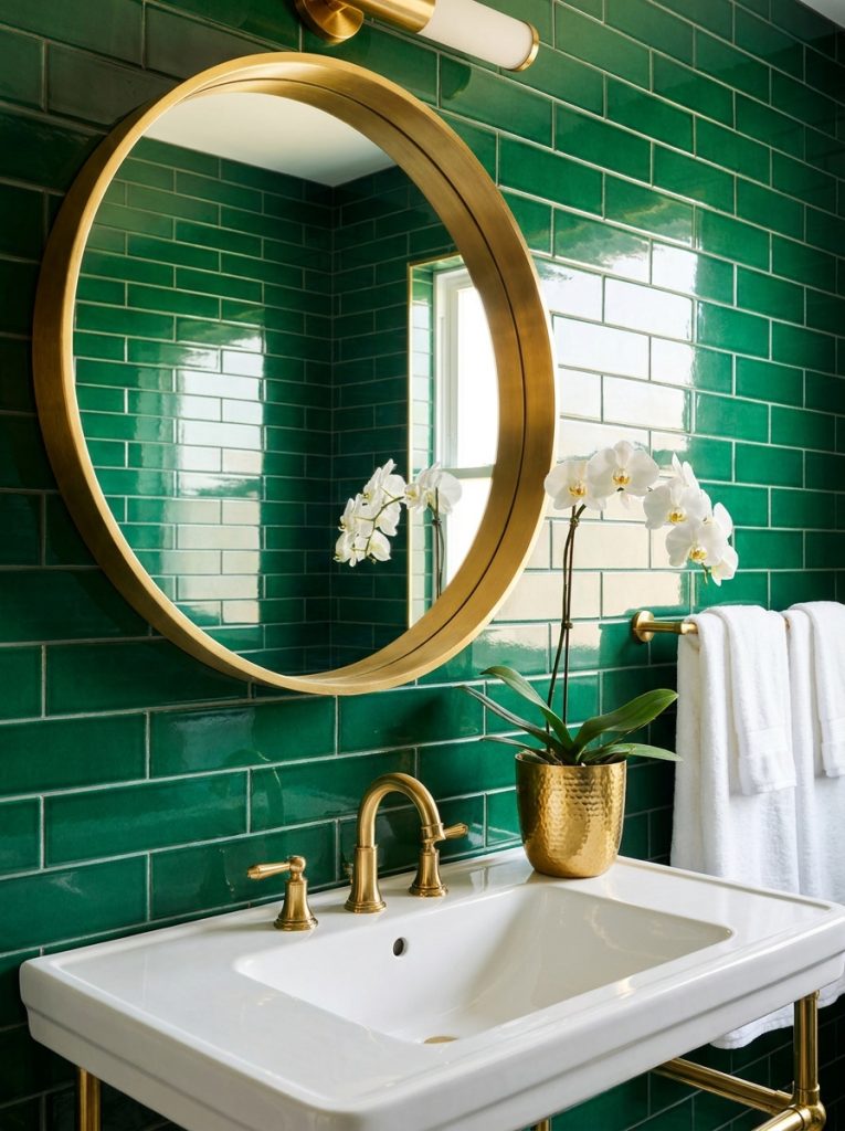 Emerald green bathroom aesthetic with jewel toned walls gold mirror gold fixtures white orchid and white towels on gold towel bar