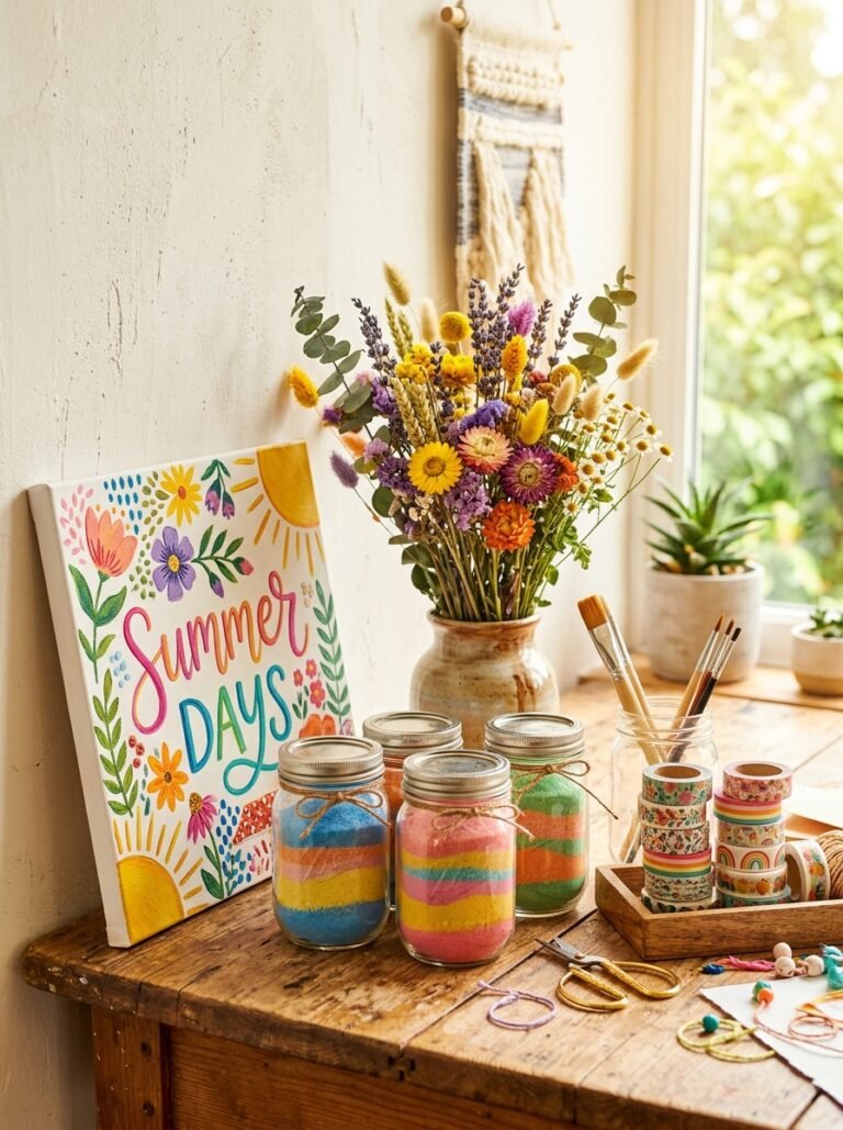 Sunny summer DIY craft table with mason jars dried flowers and wall art