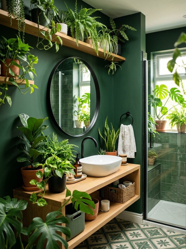  Forest green bathroom aesthetic with forest green walls black mirror black faucet and lush layered green plants on shelves and counter