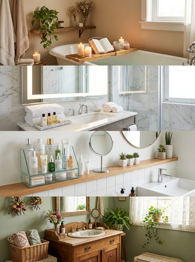  Collage of four beautiful bathroom aesthetic ideas in cozy hotel Korean and cottagecore styles
