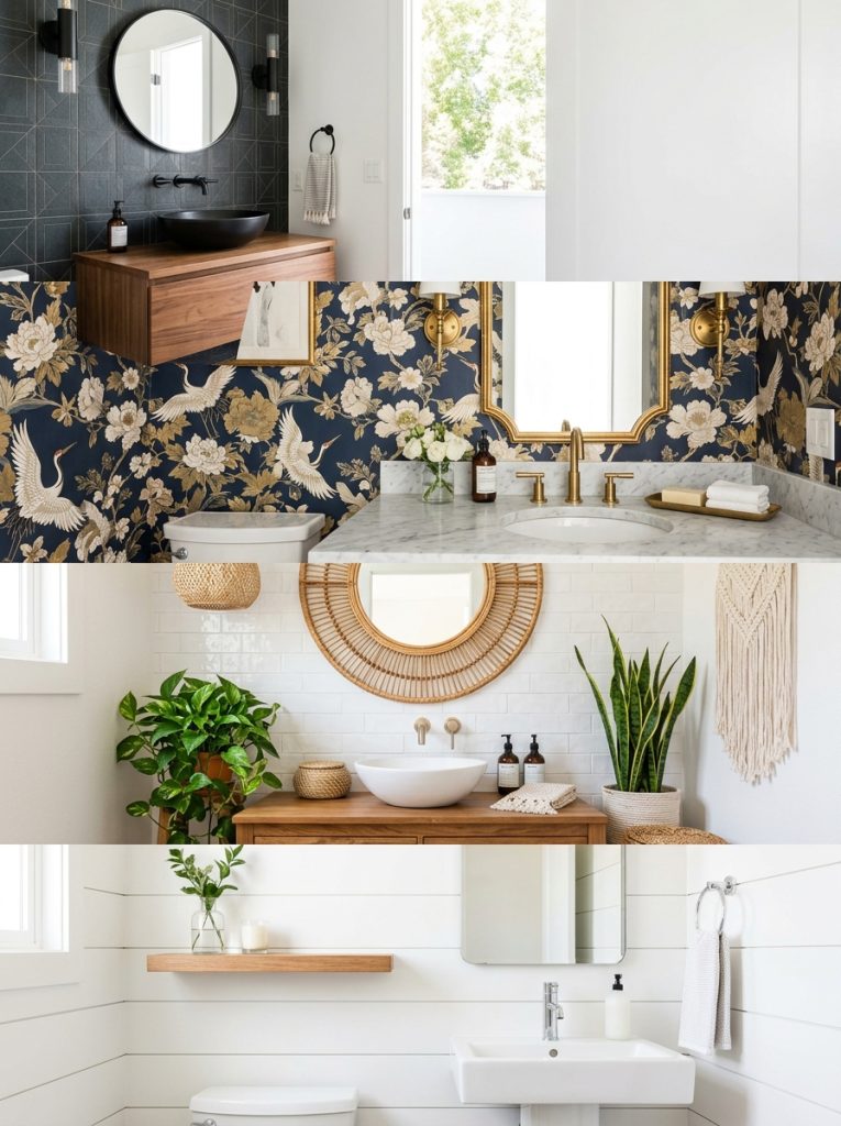 Collage of four beautiful half bathroom decor ideas for every style