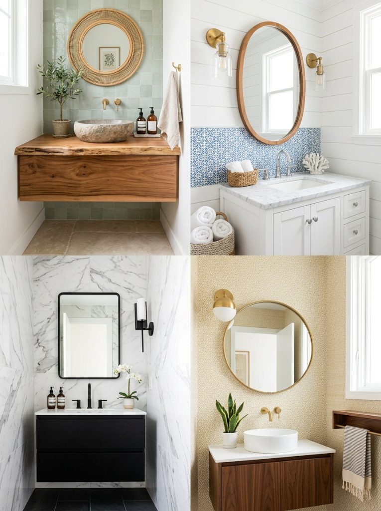 Collage of four modern half bathroom decor ideas in different stylish designs
