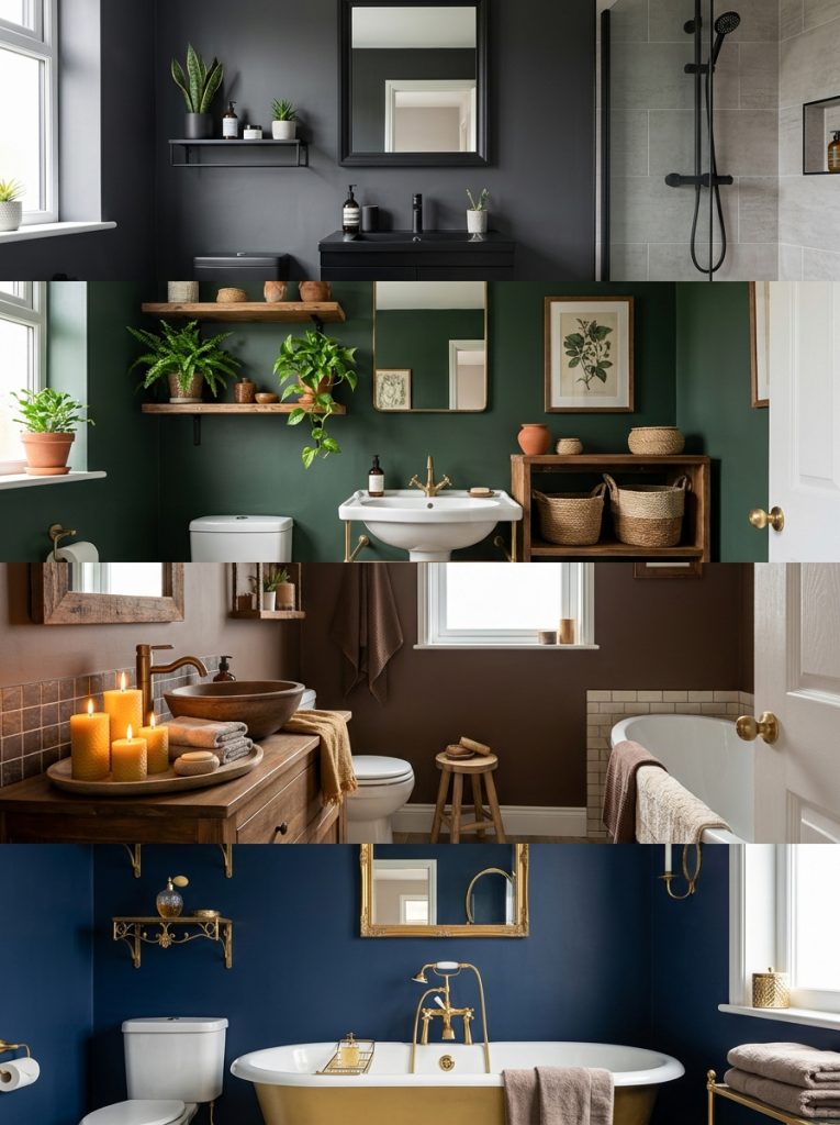  Collage of four moody bathroom ideas in dark dramatic styles