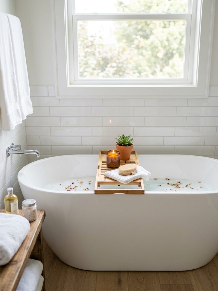 Bathtub bathroom remodel with freestanding tub luxury bath tray candle and white tiles