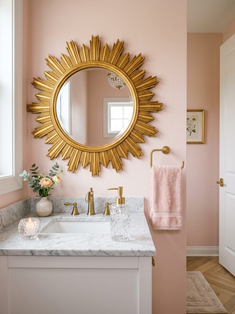 Glam half bathroom with blush walls gold sunburst mirror crystal soap dispenser and blush towel