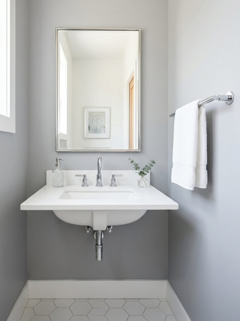 Gray white minimalist half bathroom with dove gray walls chrome faucet chrome soap dispenser silver mirror and white towel