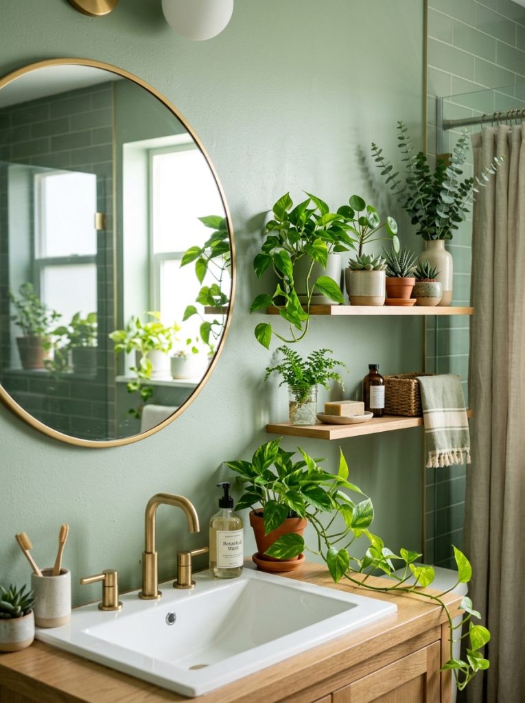  Green bathroom aesthetic with sage walls brass mirror lush plant decor set trailing pothos and white sink