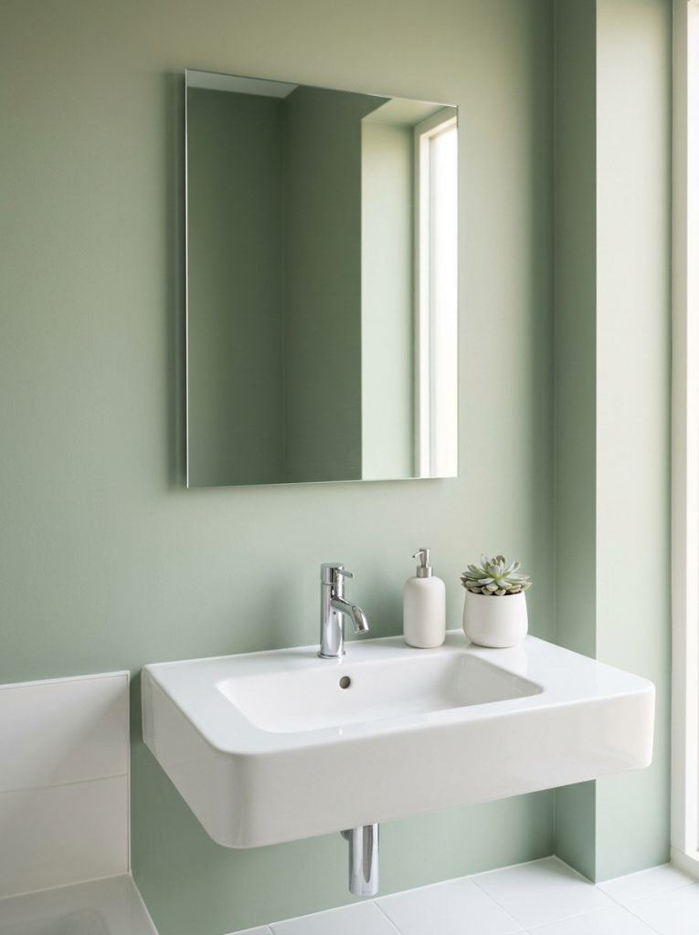 Minimalist green bathroom aesthetic with sage walls frameless mirror wall mounted sink chrome faucet white ceramic dispenser and single succulent