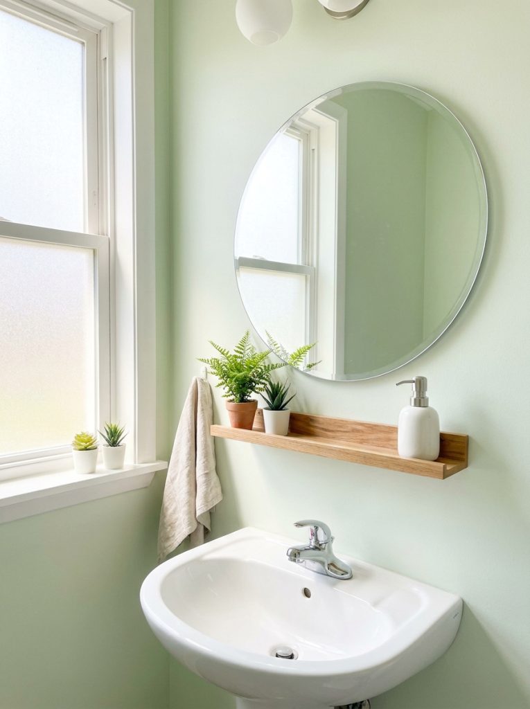 Light green bathroom aesthetic with pale green walls round mirror chrome faucet narrow shelf tiny plants and white ceramic dispenser